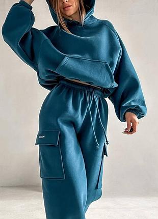 Стильний теплий костюм кольори: шоколад , чорний, морська хвиля