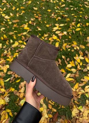 Угги шоколадные замшевые укороченные без надписи на пяточке