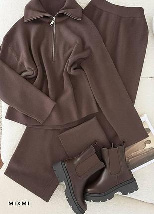 Теплый стильный вязаный ангоровый костюм цвет молоко черный шоколад