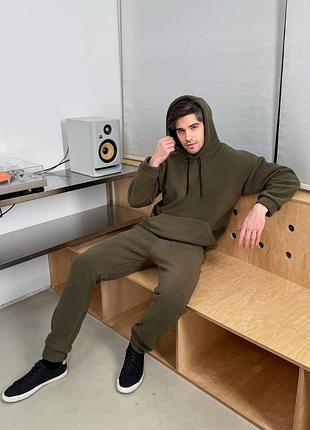 Мужской флисовый костюм с двойным капюшоном черный синий хаки