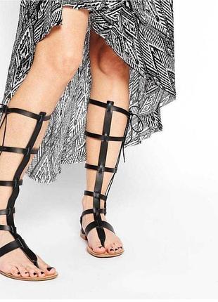 Женские черные кожаные босоножки сандалии на плоской подошве гладиатора Рима высокие 40 41 размер 26-26.5 см