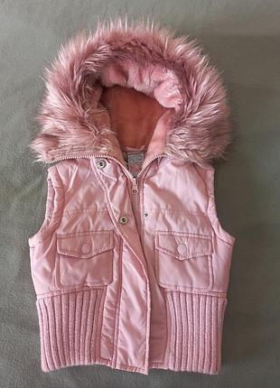 Жилетка тепла з капюшоном та хутром на дівчинку 3-4 роки, 104 см, рожевого кольору