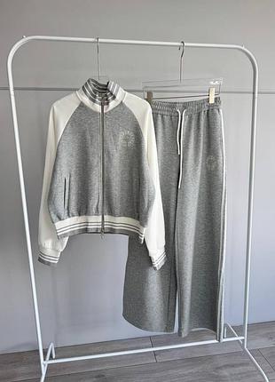 Костюм худі та штани прямі широкі біло-сірі  на застібці chrome