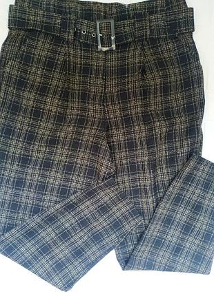 Демисезонные брюки в клетку* с пояском*с завишенной талией