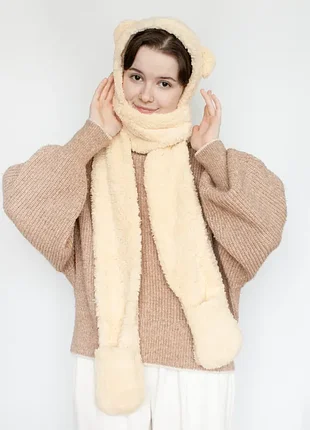 Шапка-капюшон + шарф + варежки 3в1 плюшевая детская молочная теплая зимняя тедди с ушками кофей капор