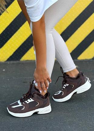 Кожа прессованная + мех!!️ женские утепленные кроссовки коричневые