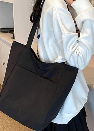 Черный шоппер, сумка на плечо женская, тканевая черная молодежная сумка.
