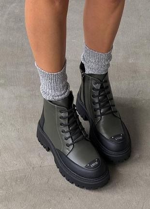Зимние женские ботинки на меху натуральная кожа цвет хаки 11124