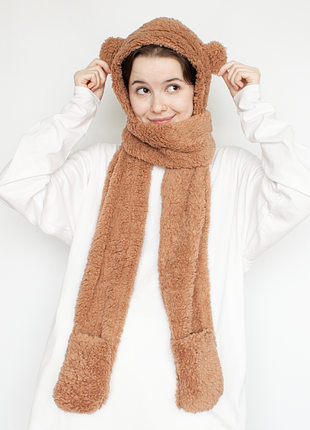 Зимняя шапка плюшевая с ушками мишки шарф с перчатками подростковая коричневая мыла пушистая мягкая