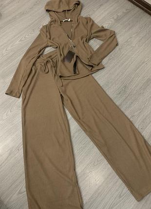 Костюм ангоровый рубчик двойка штаны палаццо+ кофта на замке шеколад, черный, молочный