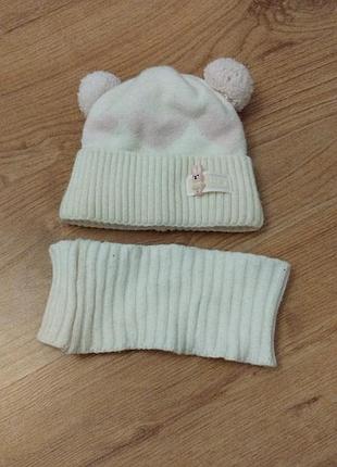 Зимняя шапка с флисом и хомут нежно розового цвета