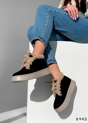 Ботинки женские esfero черные, натуральная замша зима 8942