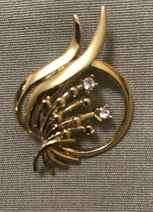 Брошка в позолоті з фіонітами вінтажна ювілірна біжутерія