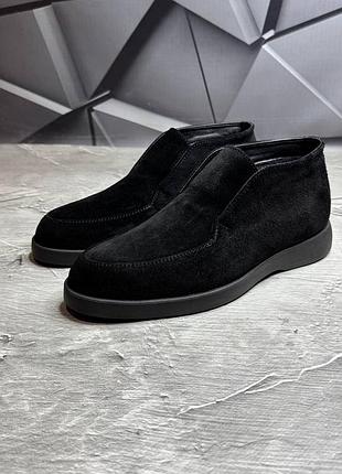 Ботинки зимние лоферы замшевые мужские черные loro piana! натуральная замша+байка!