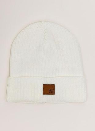 Зимняя вязаная белая детская шапка с отворотом на флисе 52 для мальчика девочки