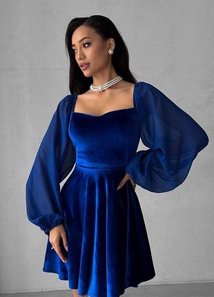 💃платье из бархата с шифоновыми рукавами 👑 черная, марсал, электрик 💫 размеры 42-48 💕 модель #512