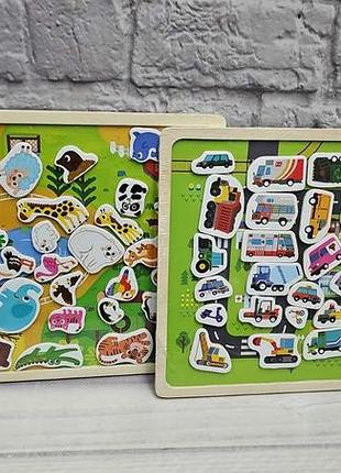 Деревянная магнитная досточка с магнитными фигурками животные/транспорт md 2055-2