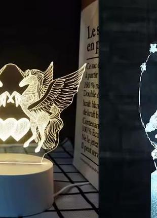 Нічник багатобарвний 3d світильник дитячий із 2 пластинами із зображенням єдинорогів