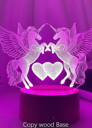 Нічник 3d світильник багатобарвний дитячий єдиноріг пегас із крильями + додаткова пластина