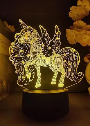 Нічник світильник багатобарвний 3d лампа єдиноріг пегас із крильями з пультом + добавкова пластина