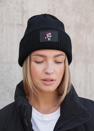 Женская теплая трикотажная шапка бини докер с принтом olaf without dominic black