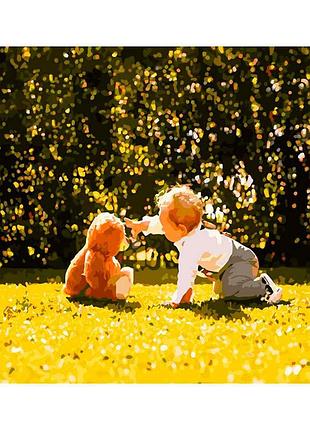 Картина по номерам мальчик с медвежам strateg 40х50 см gs220