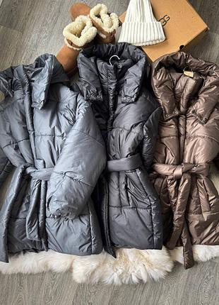 Жіночий пуховик куртка з поясом еко пух зима осінь до -20 чорний шоколадний графітовий
