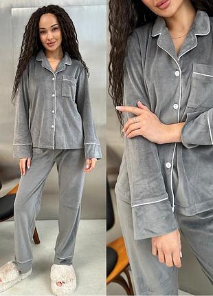 Серая пижама из нежного велюра на хлопковой основе из брюк и рубашки 10 цветов