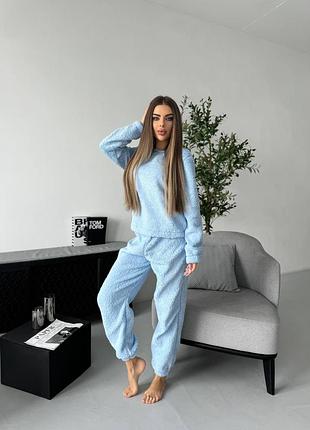 Домашній теплий костюм жіночий блакитний тедді плюшевий піжама кофта та штани оверсайз 7906