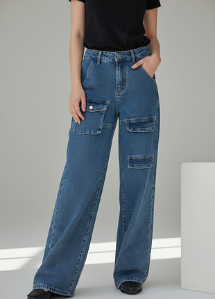 Прямые синие джинсы карго с накладными карманами daysie, размер 36 (s)