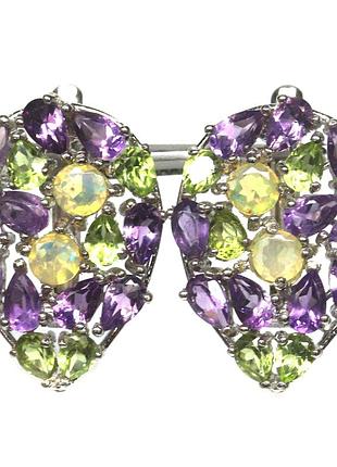 Серьги серебро 925 натуральный опал аметист перидот