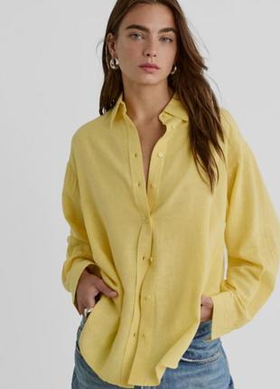 Жіноча яскрава сорочка рубашка блуза блузка в складі льон лен лляна бренд stradivarius р.l