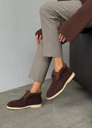 Натуральная замша, трендовые коричневые женские зимние лоферы