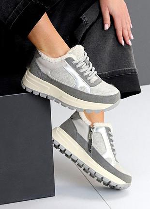 Оригинальные женские замшевые серые кроссовки зимние теплые на меху натуральная замша зима