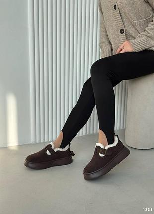 Зимові серевики, лофери в шоколадному кольорі натуральна замша на хутрі