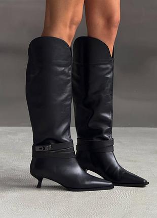 Женские кожаные черные сапоги на шпильке демисезонные деми сапоги на флисе натуральная кожа