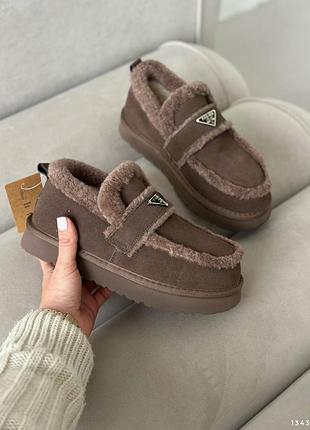 Женские ботинки-лоферы зимние коричневые нат. замша на меху