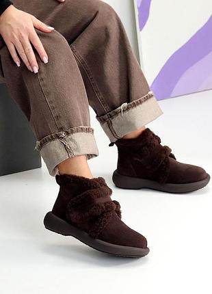 Женские замшевые коричневые ботинки зимние ботинки теплые на меху натуральный мех натуральная
