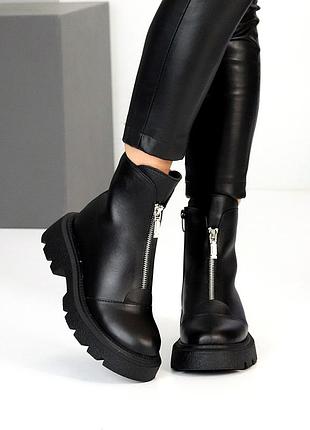 Элегантные кожаные женские черные ботинки зимние ботинки натуральная кожа зима