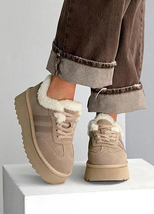 Sale практичные замшевые женские бежевые кроссовки зимние натуральная замша зима