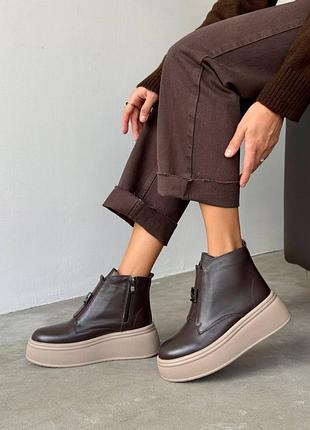 Женские кожаные коричневые ботинки зимние ботинки теплые на меху натуральная кожа зима