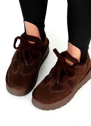 Элегантные замшевые женские коричневые кроссовки зимние теплые на меху натуральная замша зима