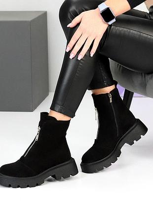 Модные замшевые женские черные ботинки демисезонные деми ботинки натуральная замша весна осень