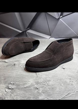 Утепление мужские высокие лоферы на байке меху натуральная замша коричневые, зимние мужские замшевые ботинки 1627