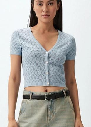 Голубой укороченный ажурный кардиган h&amp;m