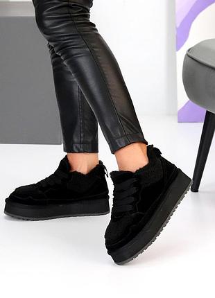 Кроссовки-угги женские замша / мех тедди экомех черный 25455