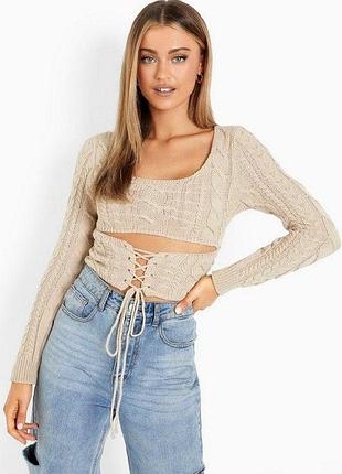 Кроп-топ boohoo (новый) - женский вязаный, укороченный, бежевый | акрил | длинный рукав | размер m (44-46)