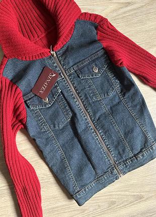 Новая женская кофта с джинсам на молнии.красная вязка лапша