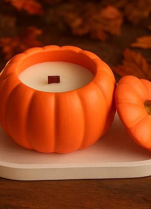 Ароматична кокосова свічка в гіпсовому кашпо гарбузик з кришечкою  6х4.5см