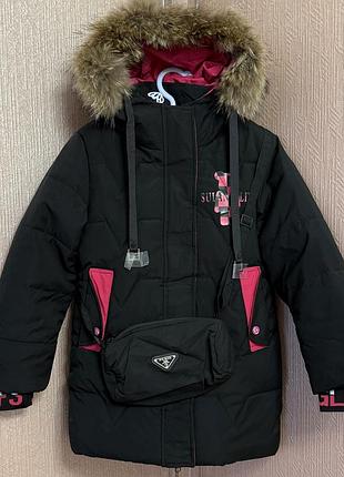 Дитяча зимова чорна куртка на дівчинку у 122-146